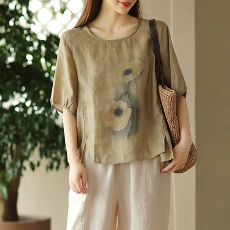 Ribbed Cuff T-ShirtsSummer Retro Flower Print Loose Linen T-Shirt Half Sleeve