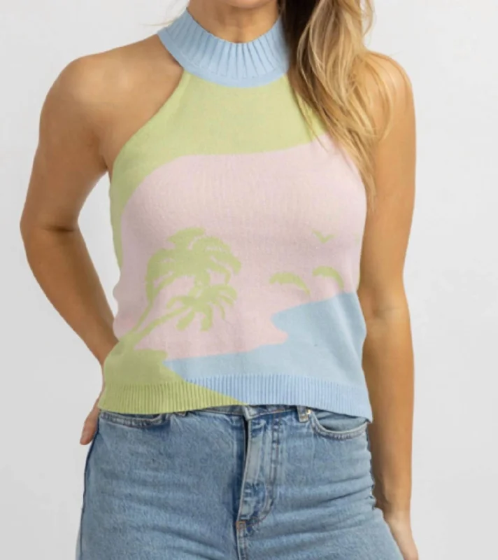 Beach Scene Knit Mockneck Tank Top In MultiCycling tee