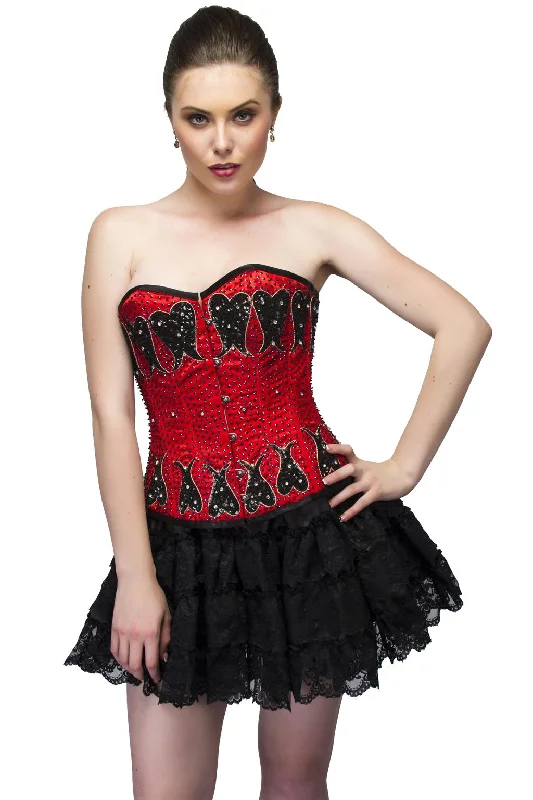 Red Black Sequins Satin Waist Cincher Women Overbust Corset Dress Top