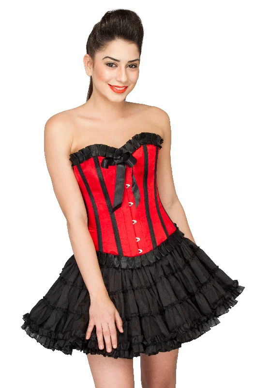 Red Satin Black Frill Overbust Corset with Tutu Skirt Valentine DressTightboot